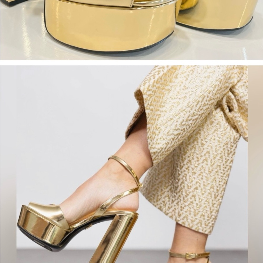 Prada Brand New Plateau Metallic Peep Toe Gold Platform Heels. OFFER 25% OFF